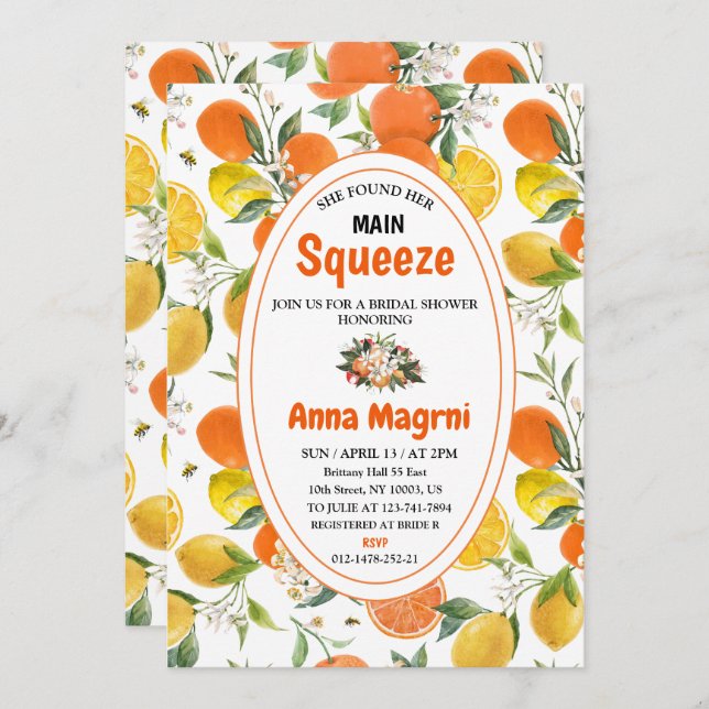 Convite Citrus Ela Encontrou Seu Chá de panela De Aperte P (Frente/Verso)