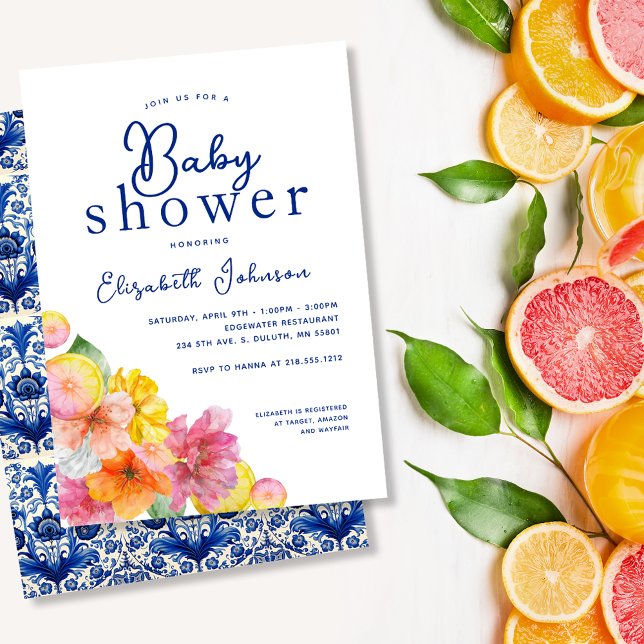 Convite Citrus Floral Lemon Blue Azulejo Chá de fraldas (Citrus Floral Lemon Blue Tile Baby Shower Invitation)