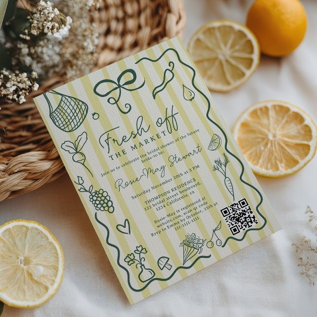 Convite Citrus Fresh Off the Market Hand Drawn QR Bridal (Citrus Fresh Off the Market Hand Drawn QR Bridal Invitation)