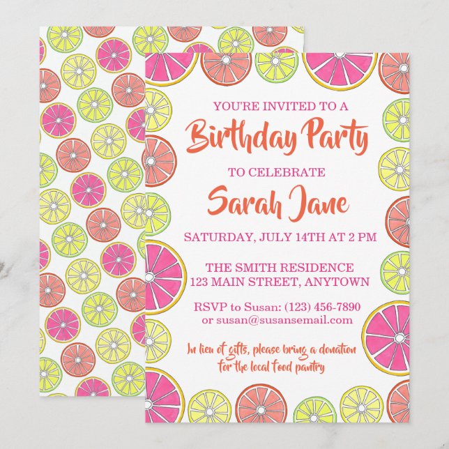 Convite Citrus Fruta Lemon Limão Orange Grapefruit Party (Frente/Verso)