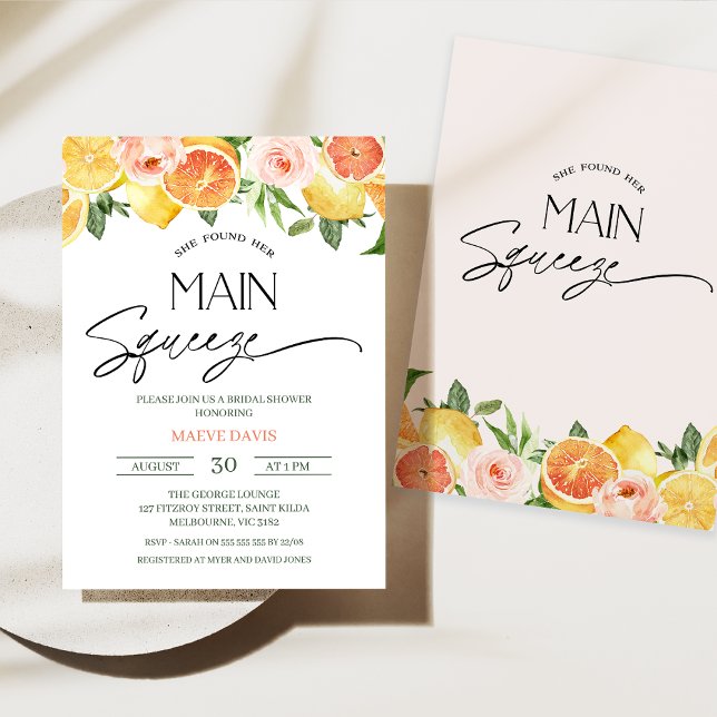 Convite Citrus Lemon Orange Floral Chá de panela (Citrus Bridal Shower Invitation She Found Her Main Squeeze Bridal Shower Invite Floral Orange Lemon)