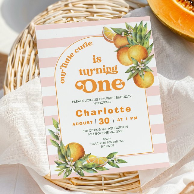 Convite Citrus Little Cutie One primeiro aniversario (Editable Our Little Cutie Birthday Invitation Girls Clementine Oranges Birthday Party Arch Stripe)