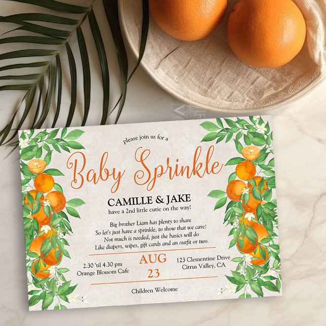 Convite Citrus Orange Little Cutil Neutro Baby Sprinkle (Baby Sprinkle invitation from my Citrus Orange Baby Shower collection)