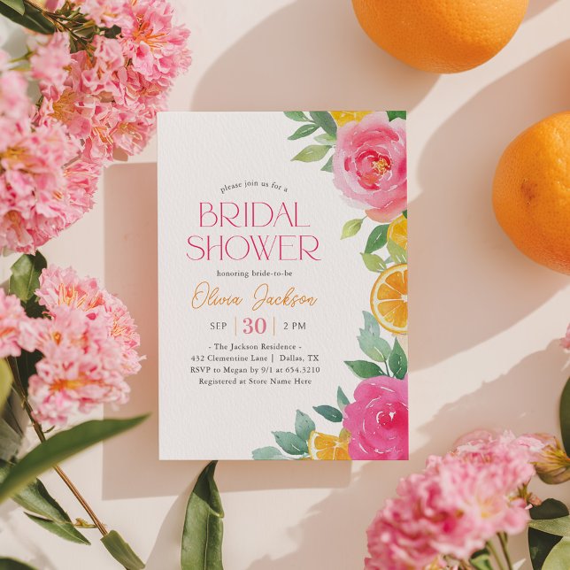 Convite Citrus Pink Floral Bridal Shower Invitation (Criador carregado)