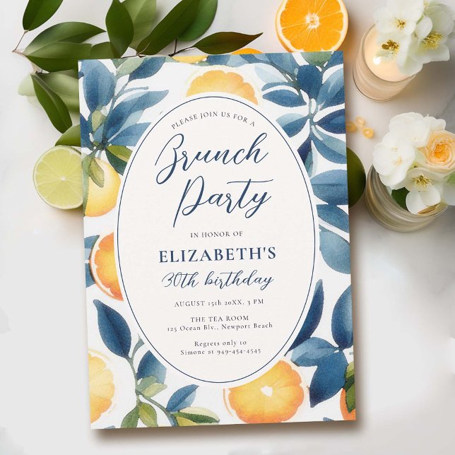 Convite Citrus Watercolor Azul Moderno Aniversário (birthday brunch invitation card template citrus lemon orange pattern blue tile watercolor elegant )
