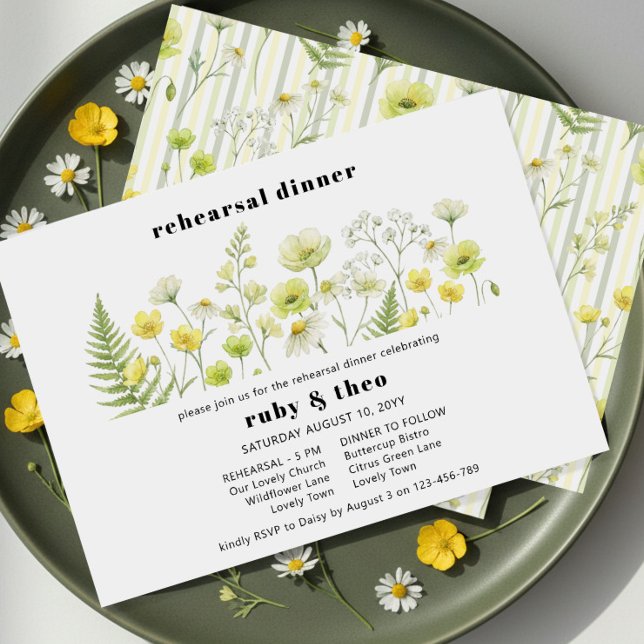 Convite Citrus Wildflower Ghost Stripe Wedding Rehearsal (Rehearsal Dinner Invitation - from Citrus Green Wildflower wedding collection by Darling & May)