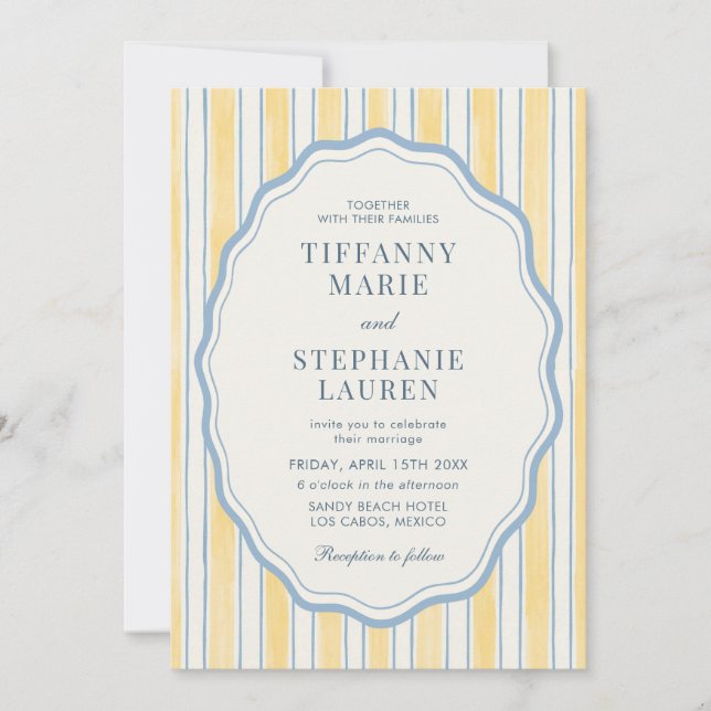 Convite Citrus Yellow Elegant Modern Stripe Wedding (Frente)