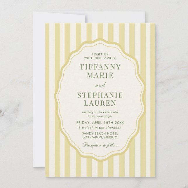 Convite Citrus Yellow Elegant Modern Stripe Wedding (Frente)