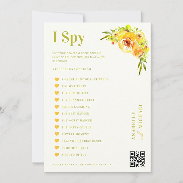 Convite Citrus Yellow Floral Wedding I Spy Hunt Game Card (Frente)