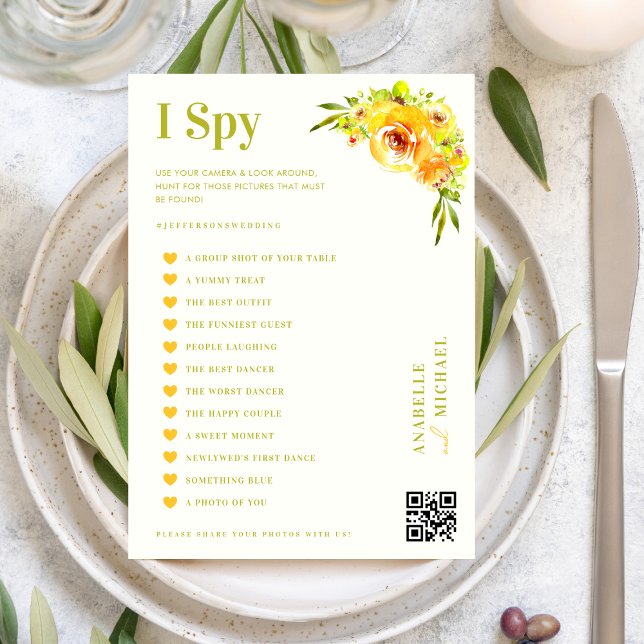 Convite Citrus Yellow Floral Wedding I Spy Hunt Game Card (Criador carregado)