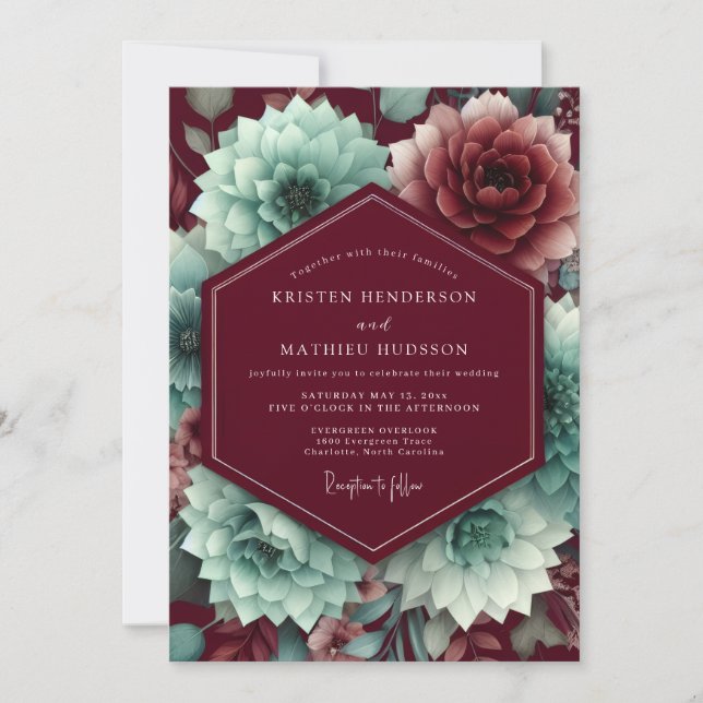 Convite Claret Aquamarine Bloom Wedding (Frente)