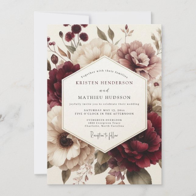 Convite Claret Moody Bloom Casamento (Frente)