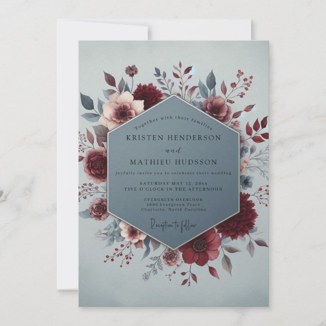 Convite Claret Slate Painterly Bloom Wedding (Frente)