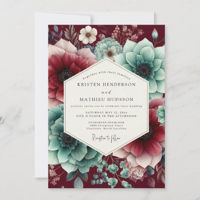 Convite Claret Teal Moody Bloom Wedding (Frente)