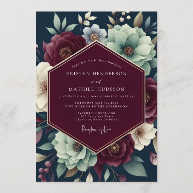 Convite Claret Teal Shadowy Bloom Wedding (Frente)