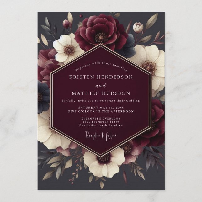 Convite Claret Tenebrous Flora Wedding (Frente)