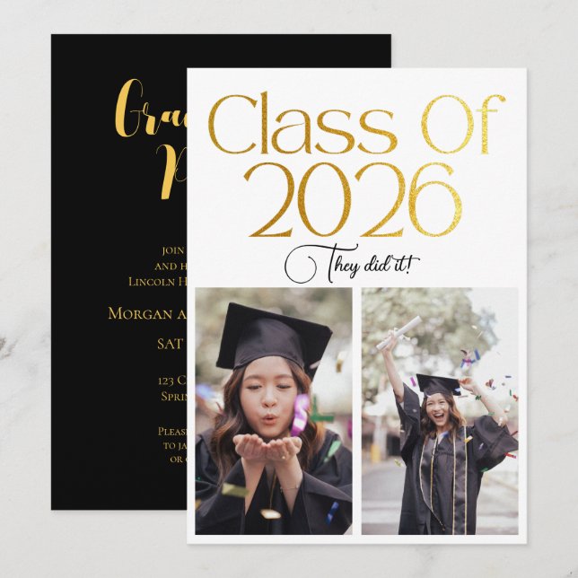 Convite Class of 2026 2 Photo Twins Black Gold Typography (Frente/Verso)