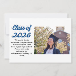 Convite Class of 2026 blue script  graduation photo