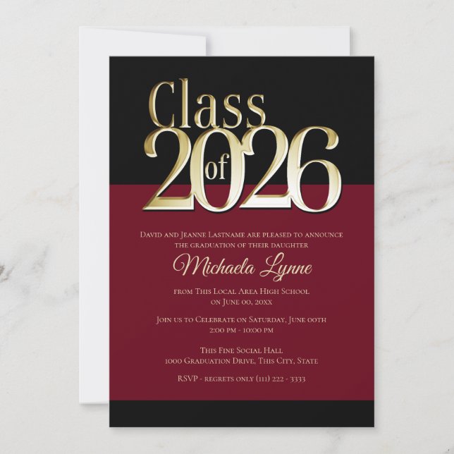 Convite Class of 2026 Burgundy and Gold Grad Invitation (Frente)