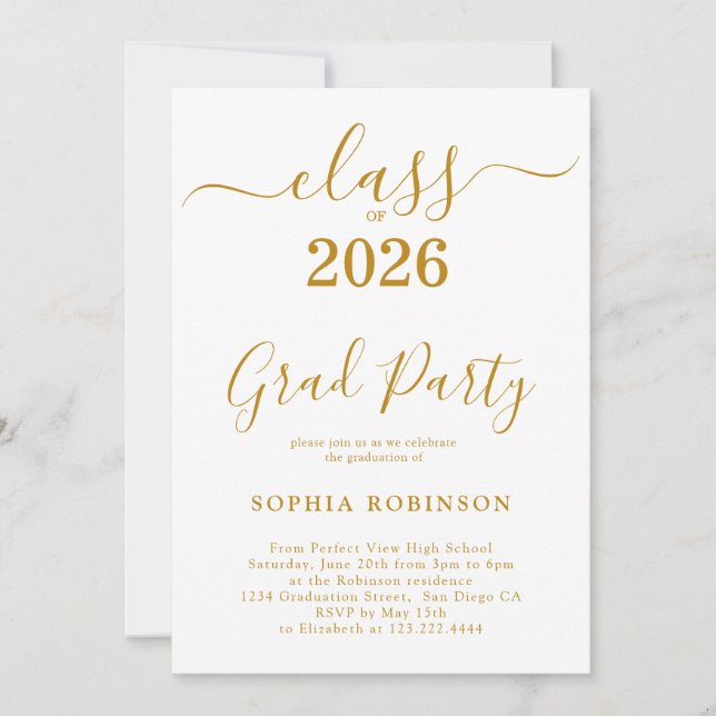 Convite Class of 2026 Gold Script Modern Graduation Party (Frente)