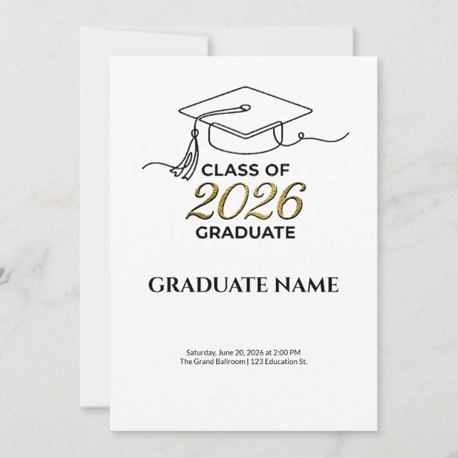 Convite Class of 2026 Graduation Invitation Gold and Black (Frente)