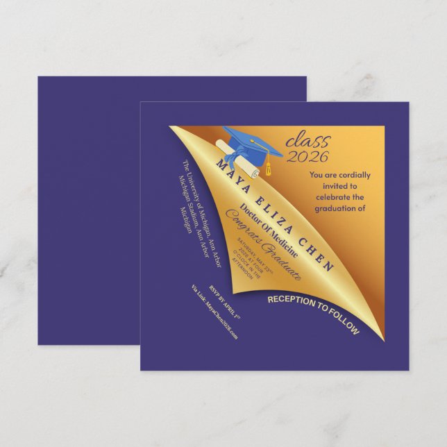Convite Class of 2026 Graduation Party Invitation | Purple (Frente/Verso)