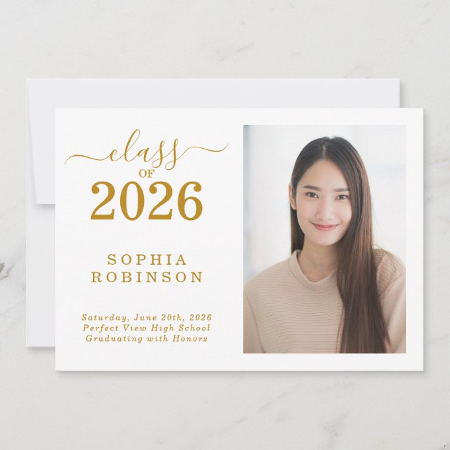 Convite Class of 2026 Photo Gold Graduation Announcement (Frente)