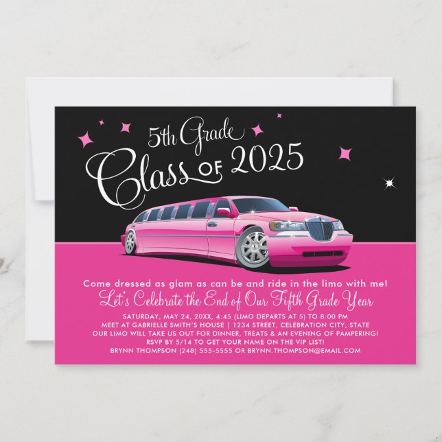 Convite Classe 5 Classe Girly Pink Limousine Night Out (Frente)