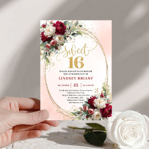 Convite Classe Boho Merlot Dourado Floral Sweet Sixteen 