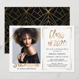 Convite Classe Branca Dourada Preta de Graduação de Foto 2
