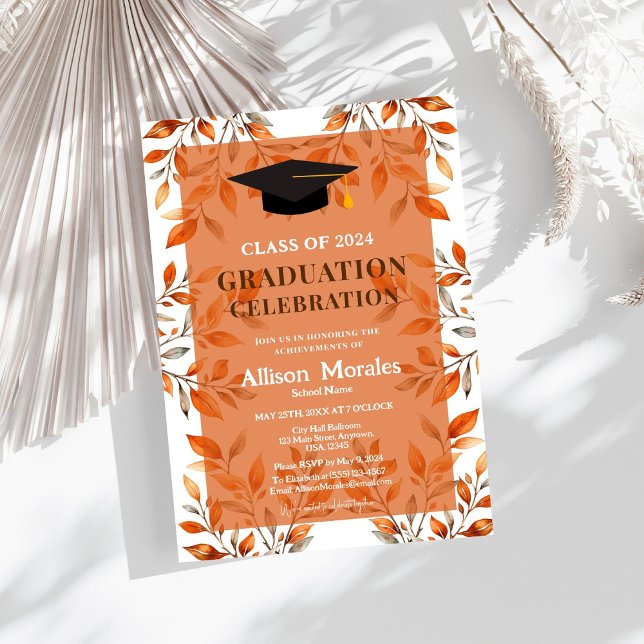 Convite Classe das Folhas Laranja de Graduação Terracotta  (Set the tone for your graduation party with our vibrant orange leaves invitation. 🎉🌺)