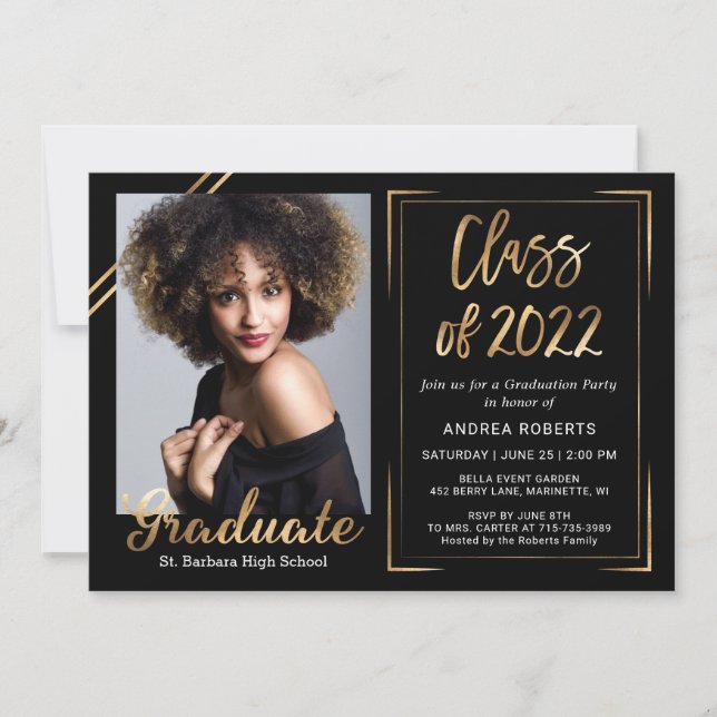 Convite Classe de 2022 Modern Black Dourado Photo Graduati (Frente)