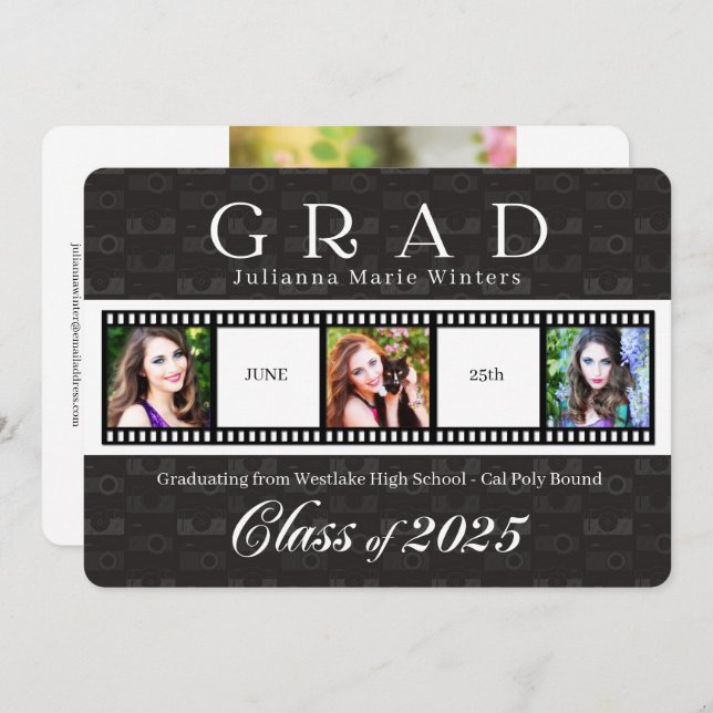 Convite Classe de 2025 Graduation Film Strip Theme 3 Foto (Frente/Verso)