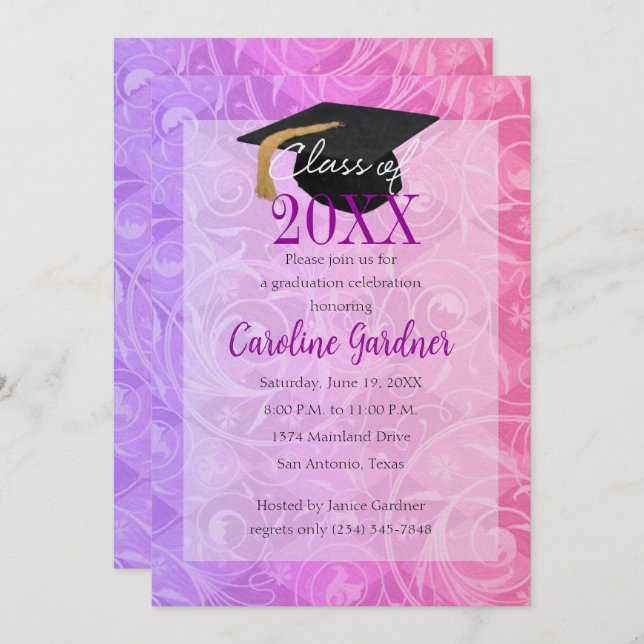 Convite Classe de 20XX Graduação Rosa e Roxo (Frente/Verso)