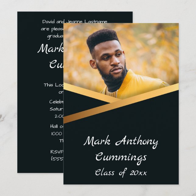 Convite Classe De Elegância Do ouro De Graduação De Foto 2 (Frente/Verso)