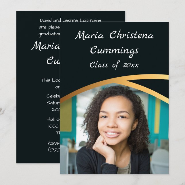 Convite Classe De Elegância Do ouro De Graduação De Foto 4 (Frente/Verso)