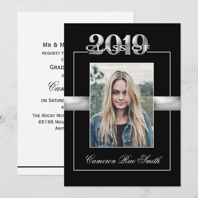 Convite Classe de Festa de formatura preta e prata 2019 (Frente/Verso)