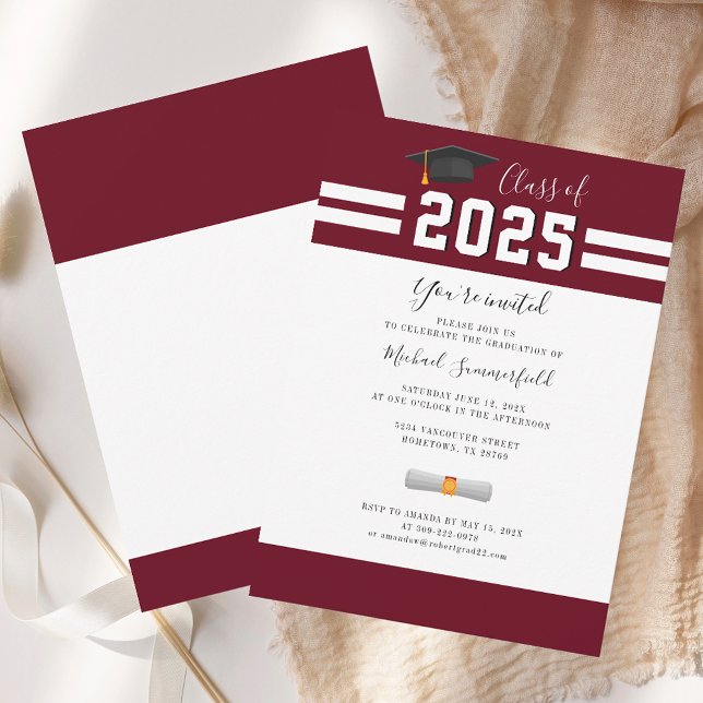Convite Classe de Formando da Borgonha Festa de formatura  (Grad Class of 2025 Graduation Party Burgundy Invitation)
