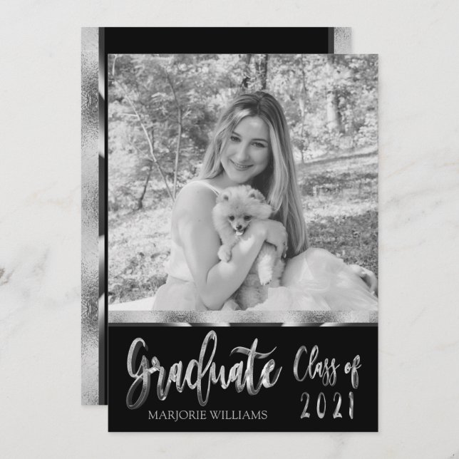 Convite Classe de formando de 2021 Silver Black and White (Frente/Verso)