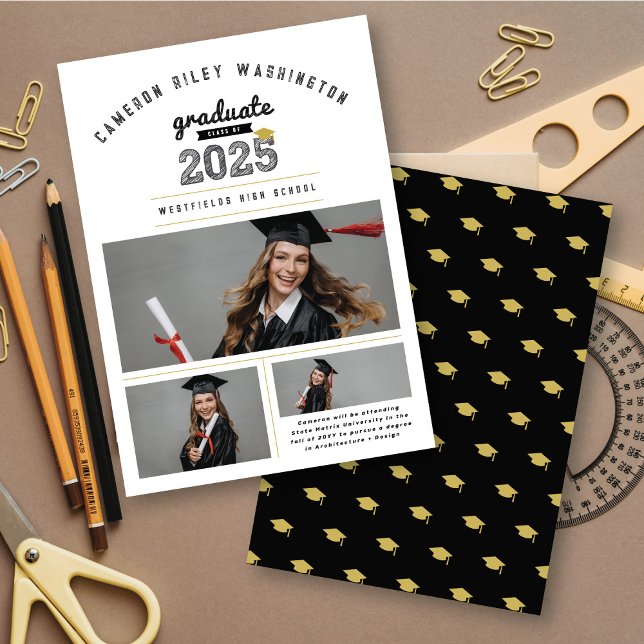 Convite Classe de Graduação de Foto do Formando 2025 Sketc (Class Of 2025 Bold Black & White Sketch Typography, 3 Photo Collage Graduation Announcement Card)
