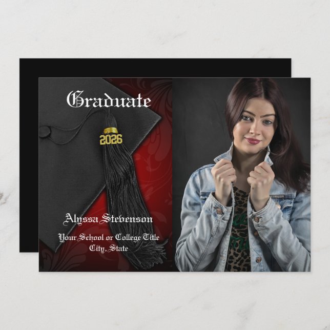 Convite Classe de Graduação de Foto em Tassel Vermelho 202 (Frente/Verso)