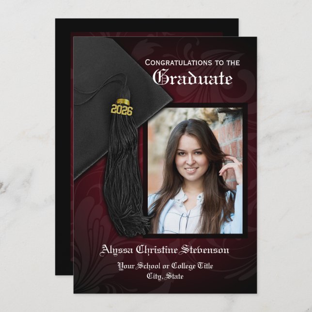 Convite Classe de Graduação de Foto Maroon Tassel 2025 (Frente/Verso)