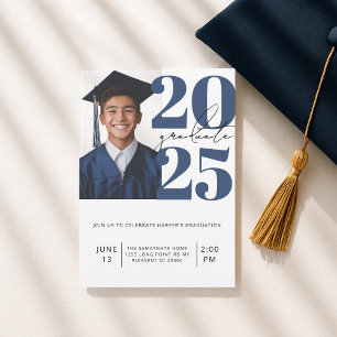 Convite Classe de Graduação de Fotos Azul e Branco Moderno