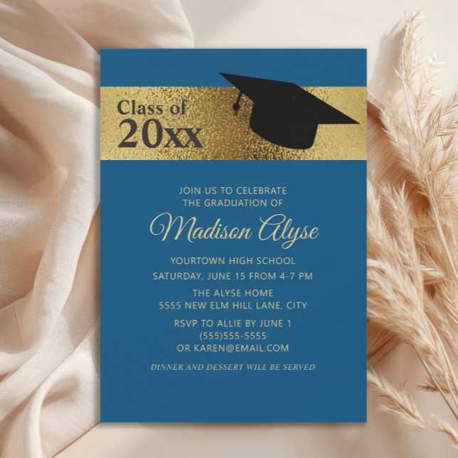 Convite Classe de Graduação do Boné Preto Dourado Azul Per (Blue and gold graduation cap graduation party invitation)