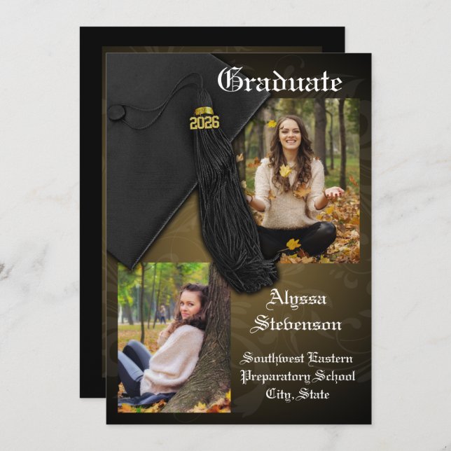 Convite Classe de graduação Dourada Tassel de 2025 (Frente/Verso)