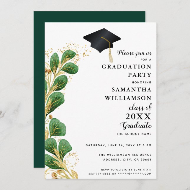 Convite Classe Elegante de Greenery de 2025 Graduação Mode (Frente/Verso)
