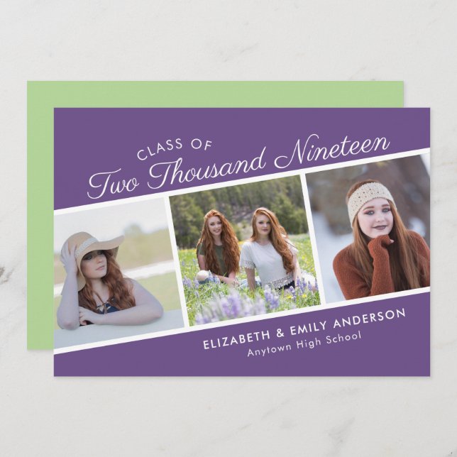 Convite Classe Elegante de Script de 2019 | Graduação de 3 (Frente/Verso)