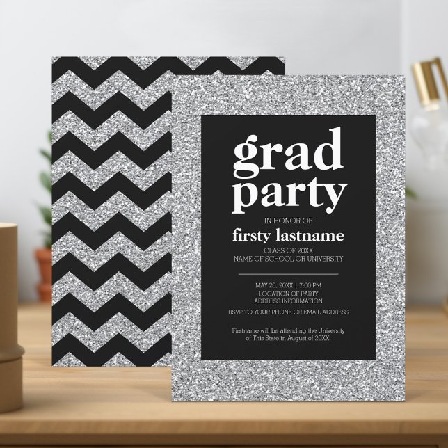 Convite Classe - Festa de formatura de brilho prateado pre (Graduation Party Invitation - black and silver)