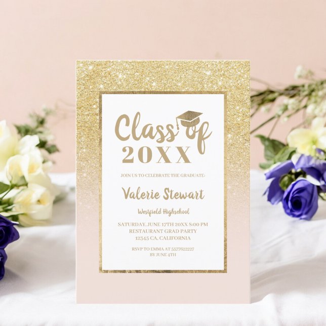 Convite Classe moderna de brilho dourado-quic de graduação (Modern chic gold glitter class of photo graduation invitation)