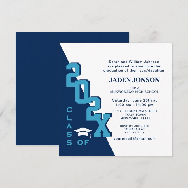 Convite Classe Moderna de Festa de formatura Azul Marinho  (Frente/Verso)